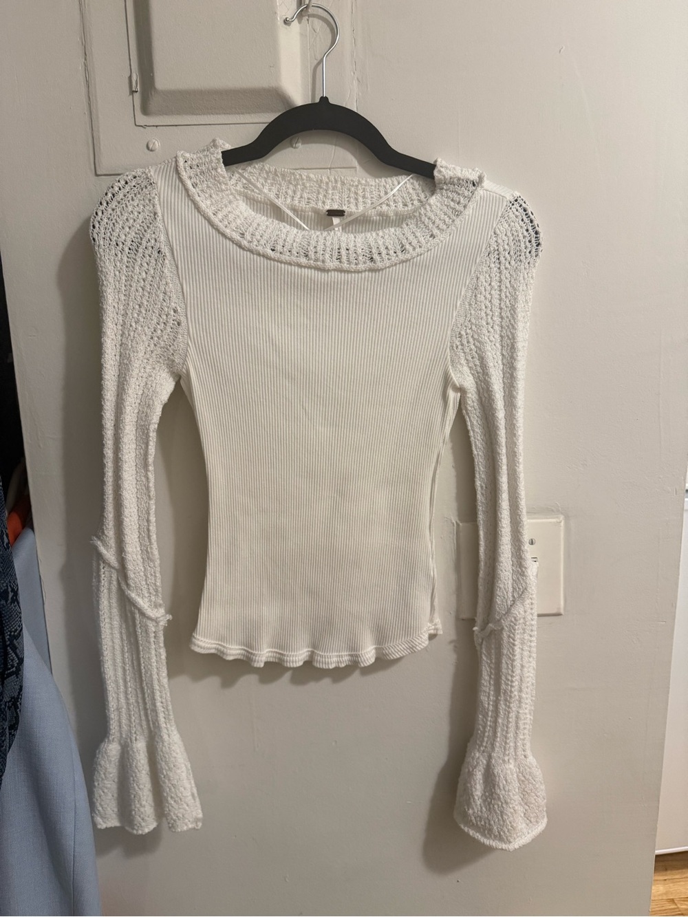 Free People White Ribbed Knit Long-Sleeve Top with Crochet Accents